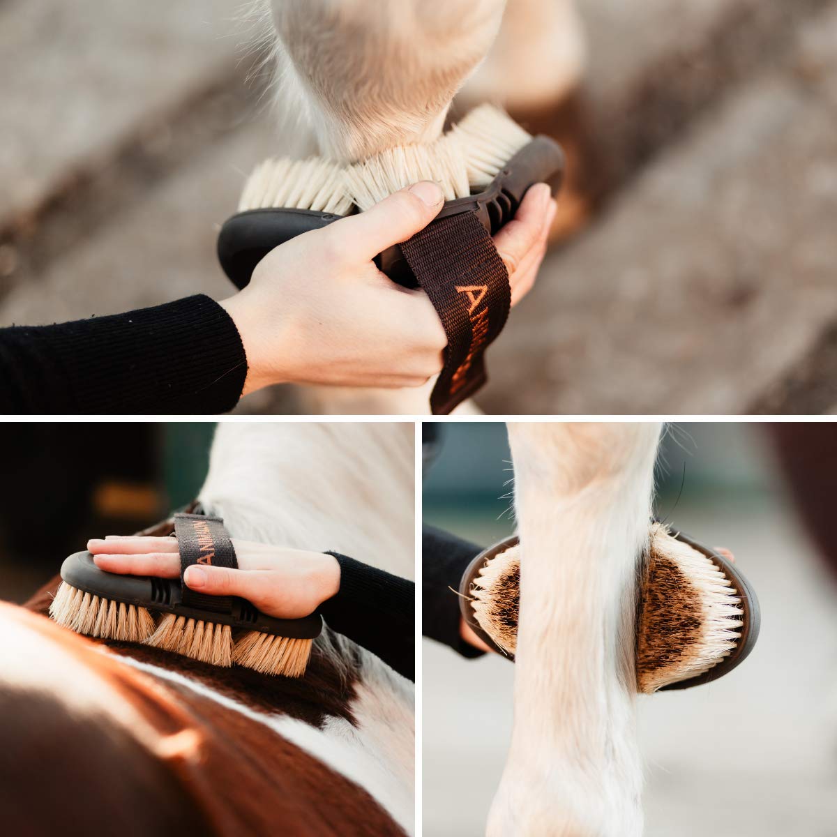 Animalon CareFlex Wurzelbürste – Naturhaar-Pferde-Bürste – Wurzelkardätsche mit harten Naturborsten – flexibel, ergonomisch & hochwertig – Kardätsche mit Klettverschluss