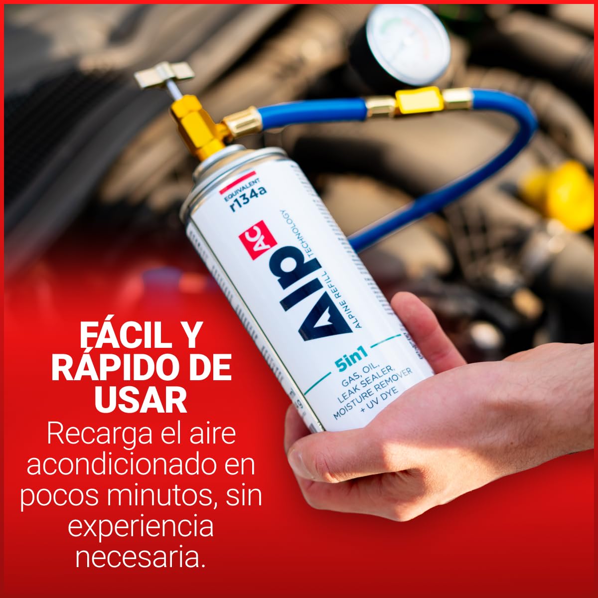 AlpAC 5in1 Kit Recarga Aire Acondicionado R134a (2x Latas + Manguera) – Gas Sustituto incl. sellador, aceite, UV y deshumidificador – Coches hasta 2016