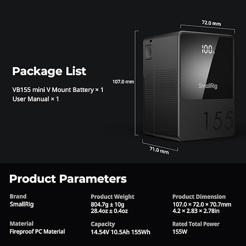 Miniatura 9 de SMALLRIG Batería de montaje en V VB155, batería de montaje en V de 155 Wh/10500 mAh con salida de 100 W, carga completa 3H, con USB-C, D-TAP, USB-A,