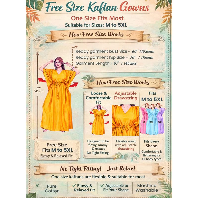Image of THEKAFTANSHOP Women's Cotton Hand Dyed Batik Kaftan Nighty With Drawstring Waist | V-Neck Printed Free Size Relaxed Fit Casual Sleepwear Loungewear Nightwear Kaftan Dress Gift (Green Motif)