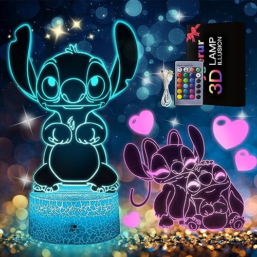 Eygerur 2 Stück Stitch Lampe Stich Geschenke 3D LED Illusion 16 Farben Stich Nachtlicht USB Smart Touch Fernbedienung Tischlampe Stitch Licht für Kinderzimmer Dekoration Urlaub Geschenke