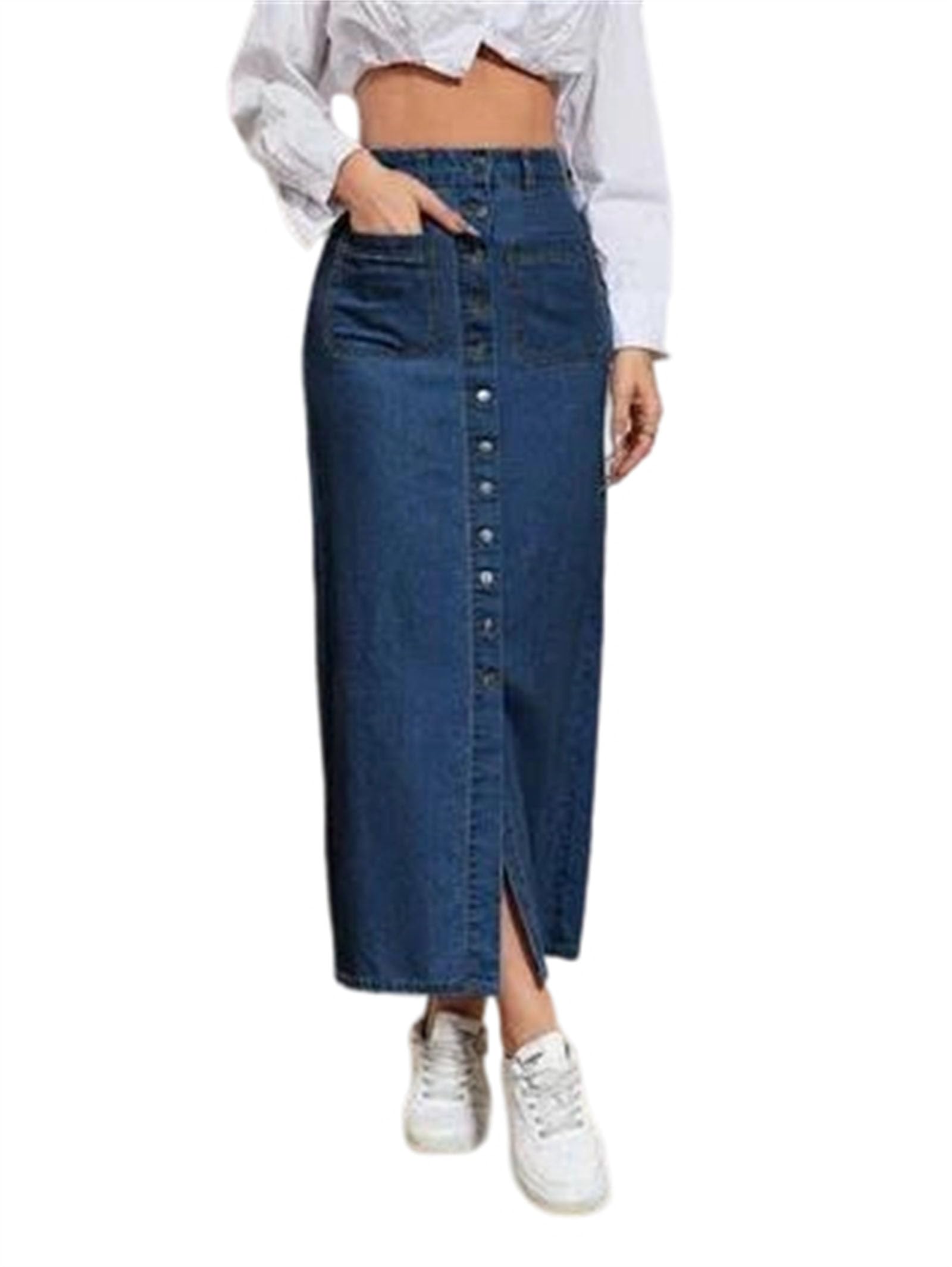 Womens Slim Fit Straight Stretch Denim Skirt with Multi-Button Front Detail Mid-Calf Length Medium Stretch