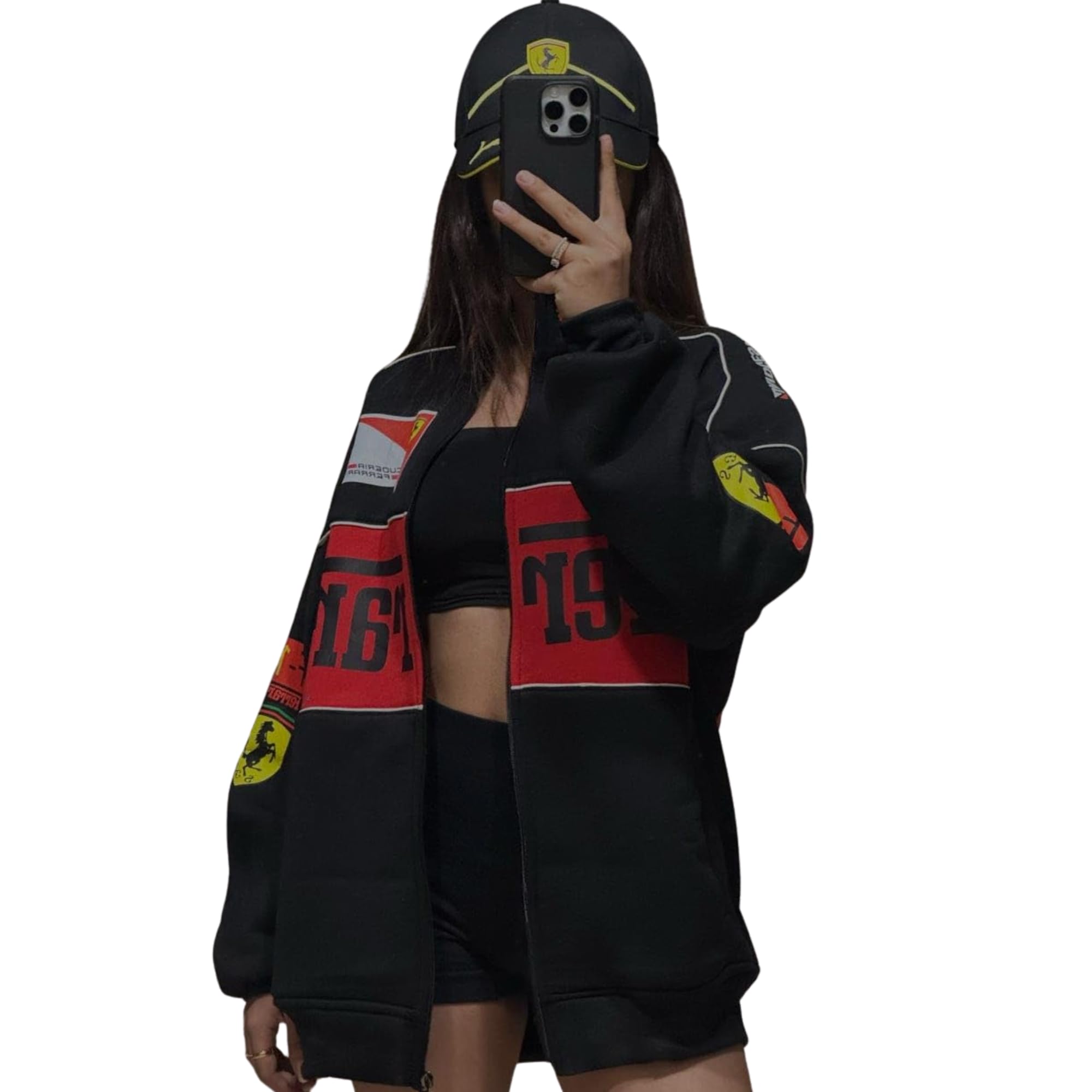 WesternVibe Women's F1 Racing Style Oversized Bomber Jacket Full Zip Casual Streetwear Jacket Stand Collar Lightweight Winter Outerwear Black Red-picture-16