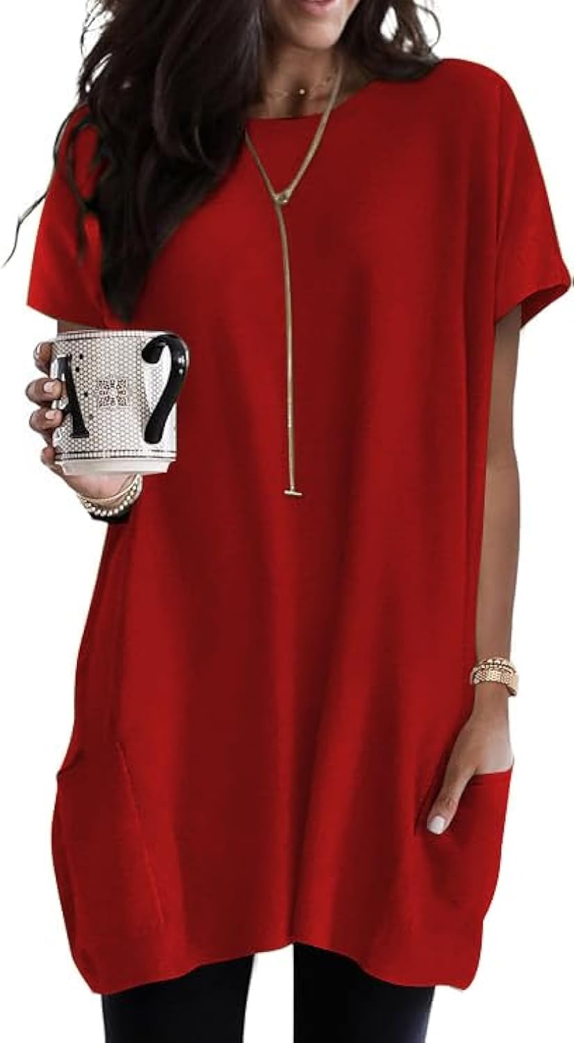 Poetsky Summer Womens Tunic Tops for Leggings with Pockets Short Sleeve Casual Long T Shirts