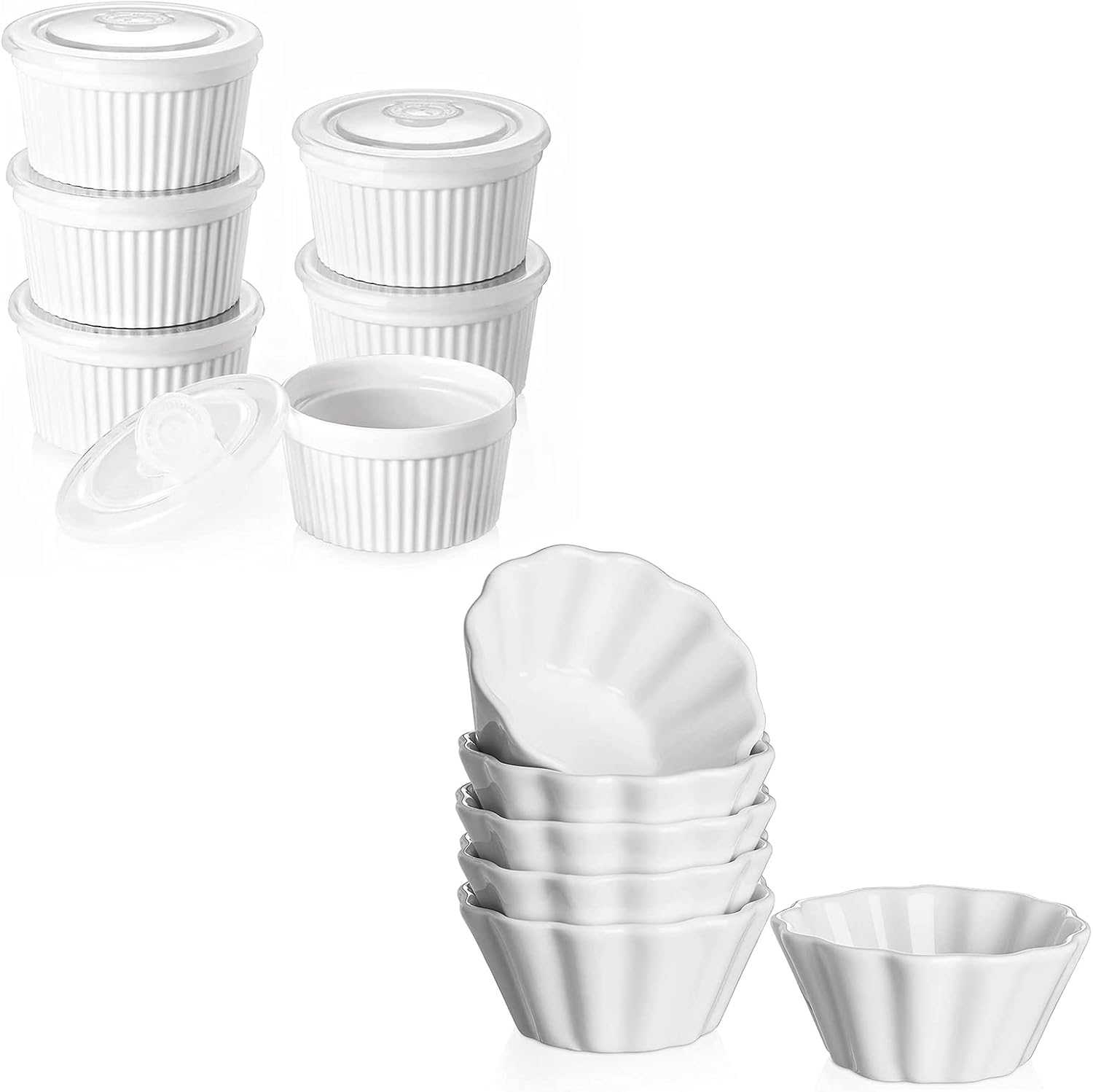 DOWAN Ramekins 4 oz Oven Safe, Creme Brulee Ramekins, Flower-Shaped Porcelain Ramekins for Baking Souffle, Custard Cups, Small Dipping Bowls, Sauces Bowls, Charcuterie Bowls, Set of 6, White