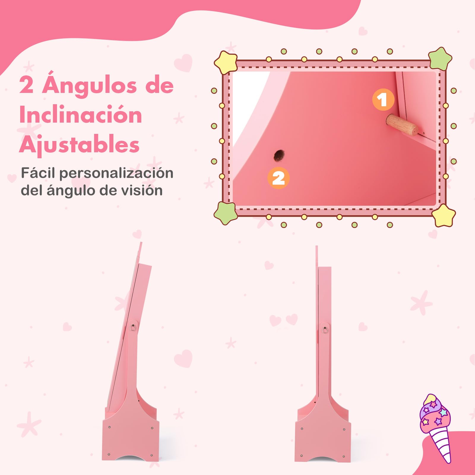 COSTWAY Armario para Joyas para Niños, Unicornio Espejo Joyero de Cuerpo Entero con Almacenamiento y 2 Ángulos Inclinados, Espejo de Vanidad con Ganchos, Estantes y Cajones (Rosa)