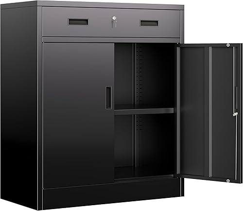 Miniatura 16 de BESFUR Armario de almacenamiento de metal de 36 pulgadas de alto, gabinete de metal negro con 2 puertas con cerradura y 2 estantes ajustables