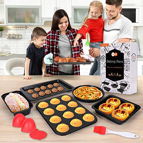 5 Pcs Nonstick Bakeware Set,Carbon Steel Baking Set Include Loaf Pan,Cookie Sheet, Loaf Pan, Square Pan, Round Cake Pan, 12 Cups Muffin Pan,2 Mini Oven Mitts,1 Round Dish Sponge and 1 Basting Brush