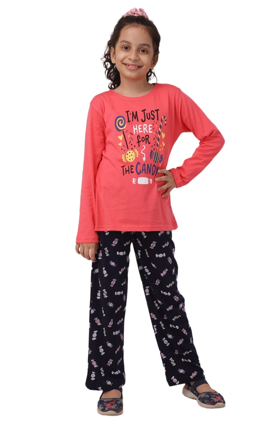 Ninos Dreams Full Sleeves Candy Print Night Suit - Orange Blue (6-7 Years)