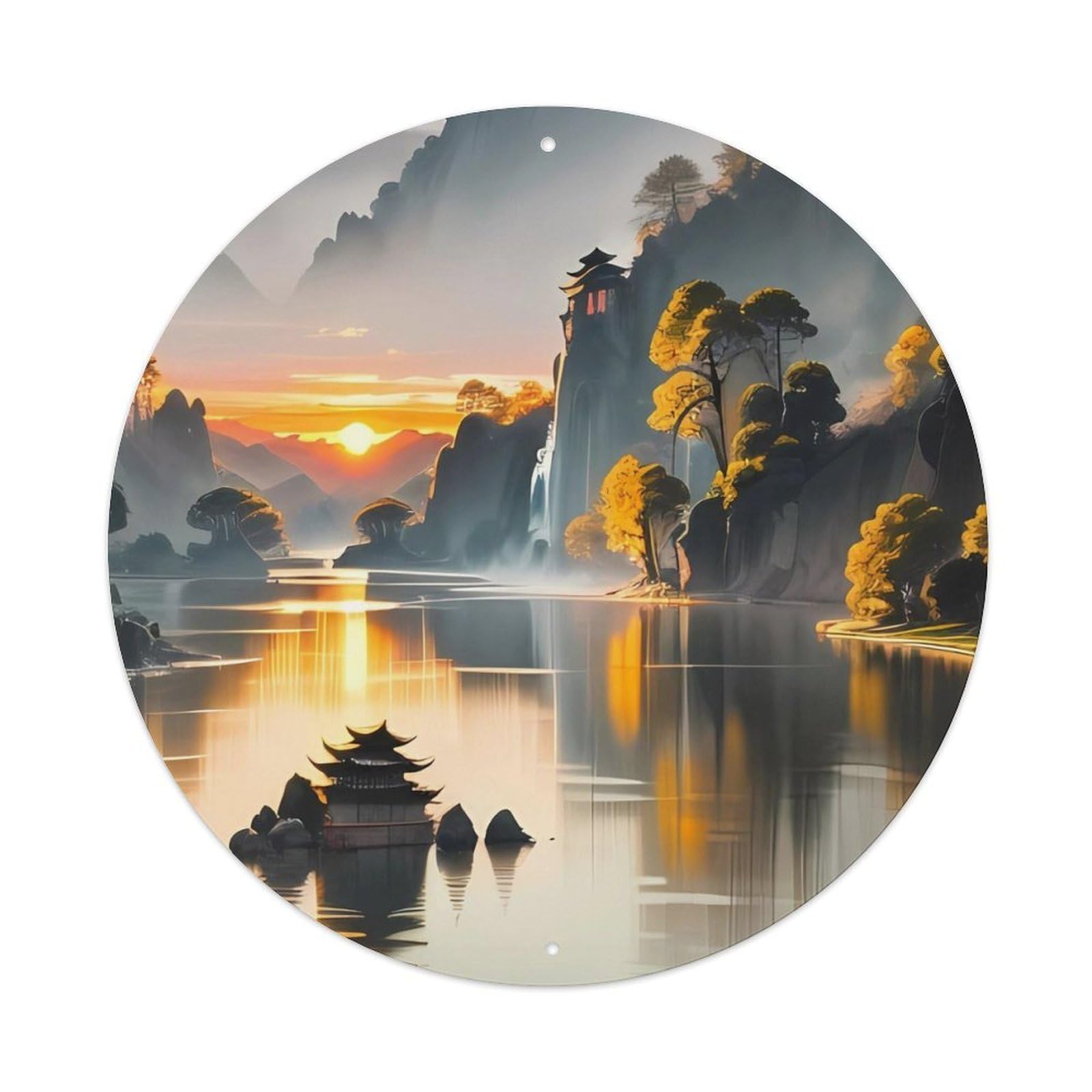 Landscape Small Yard on The Lake Vintage Metal Tin Sign Plaque Wall Decor for Cafe, Club, Garden Round Metal Poster 8x8Inch