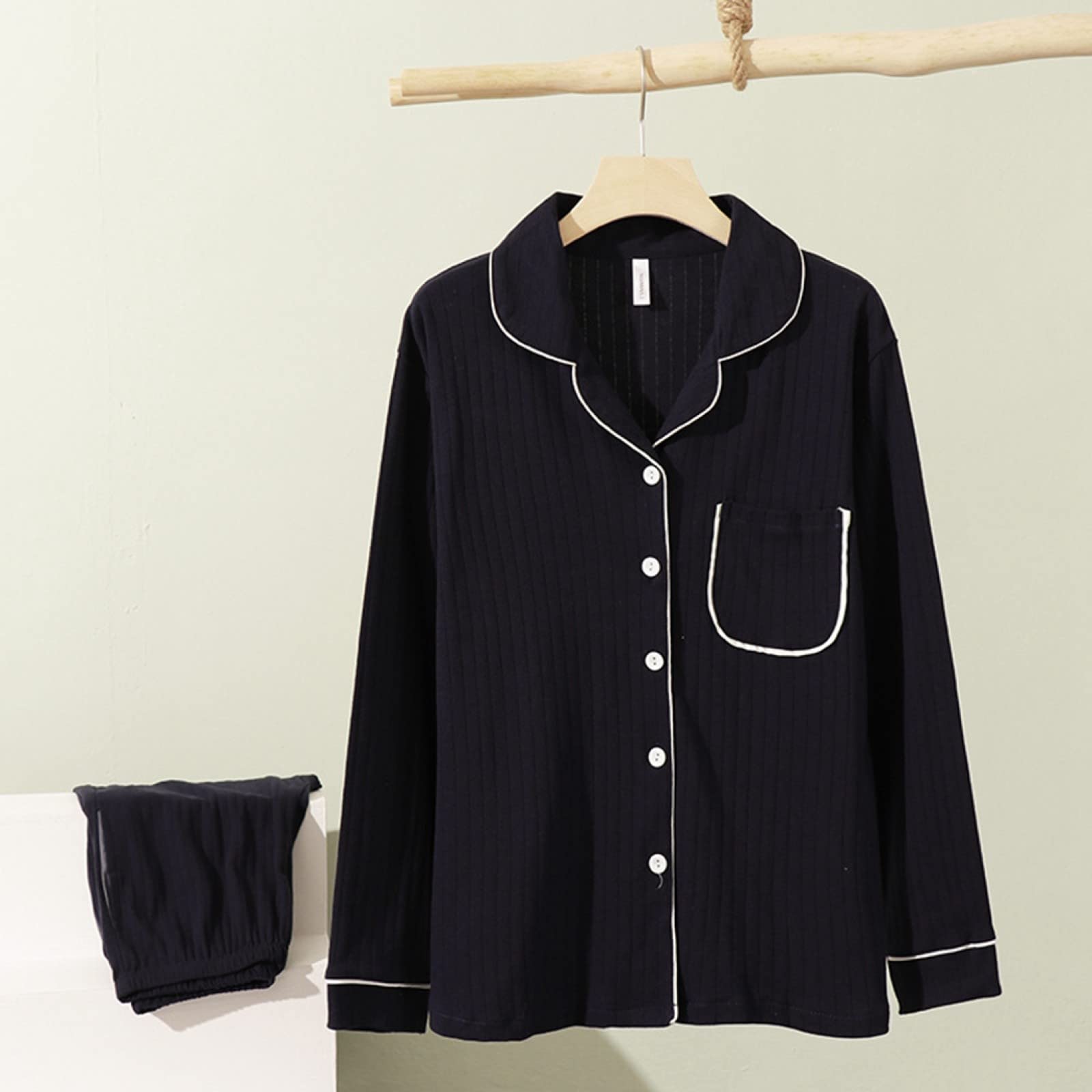 Pijamas de Franela de Invierno y otoño para Mujer y Hombre, Conjuntos de Pijama de otoño y 2 Piezas para Mujer, de algodón de Moda, de Manga Larga con Solapa, Sencillos Trajes casu