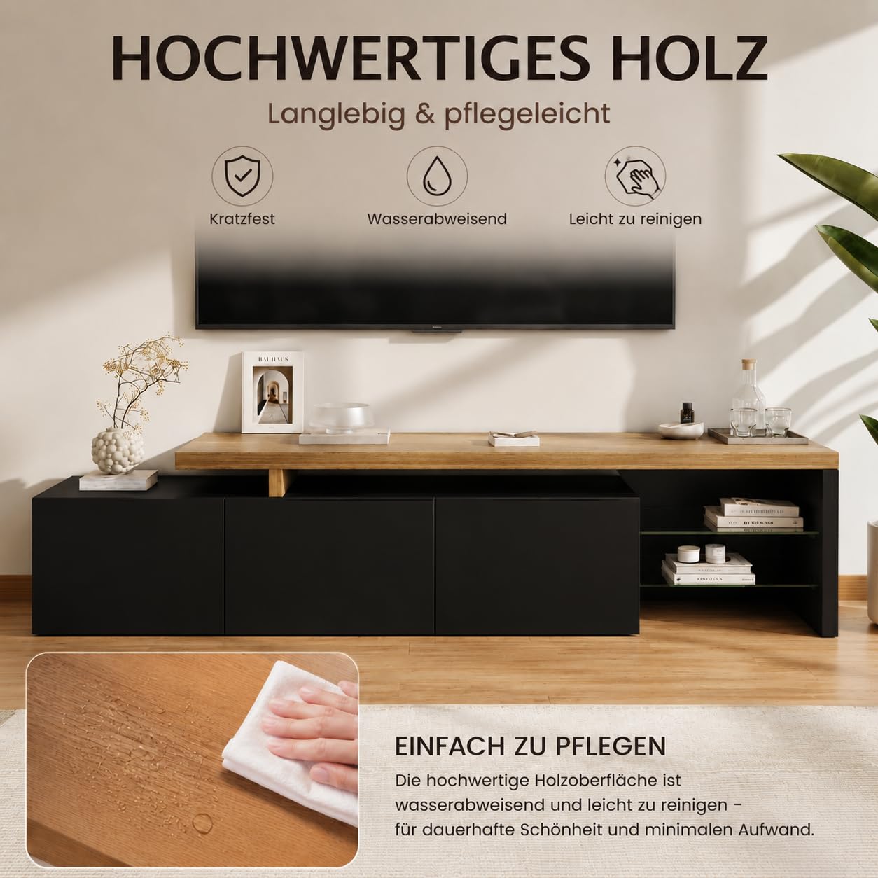 TV Lowboard mit Stauraum, Fernsehtisch mit 3 Türen und Glasablage, TV Bank für Fernseher bis zu 85 Zoll, Fernseh Sideboard für Wohnzimmer, Schwarz, 200x39x42cm
