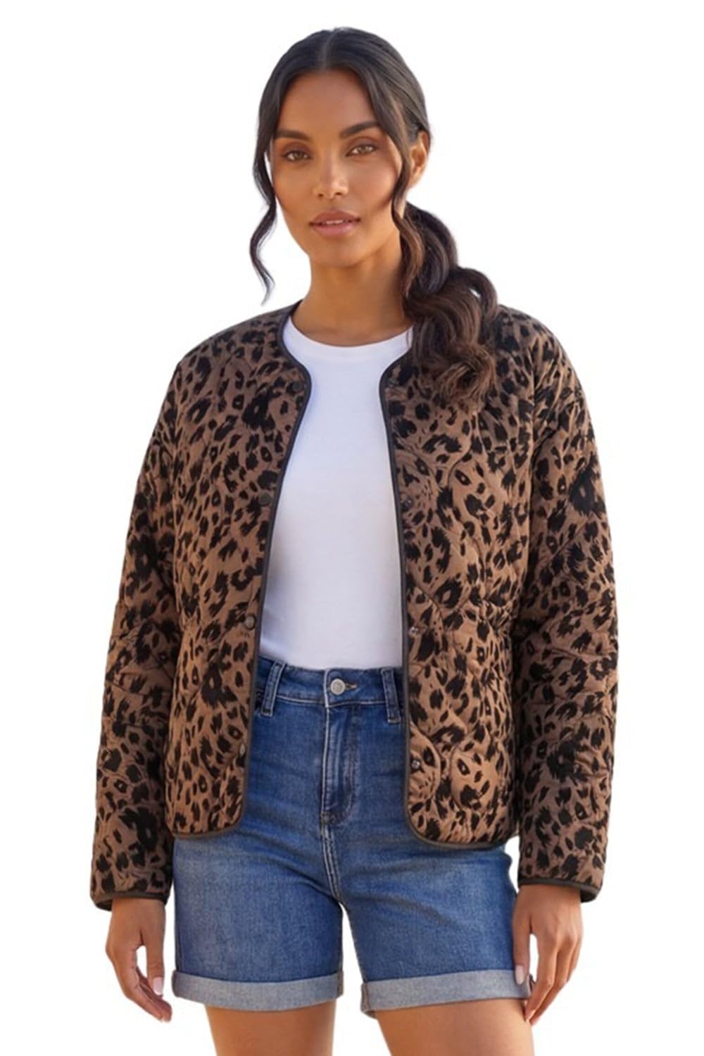 Roman Originals Floral Print Lining Cotton Quilted Jacket for Women UK - Ladies Everyday Holiday Spring Summer Round Neckline Comfy Soft Evening Vacation Work Party - Brown - Size 12