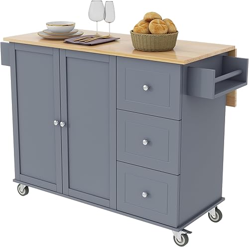 Miniatura 9 de LUMISOL Carrito de isla de cocina con hojas caídas y madera maciza, carrito de cocina móvil con ruedas con armarios de almacenamiento y 3 cajones
