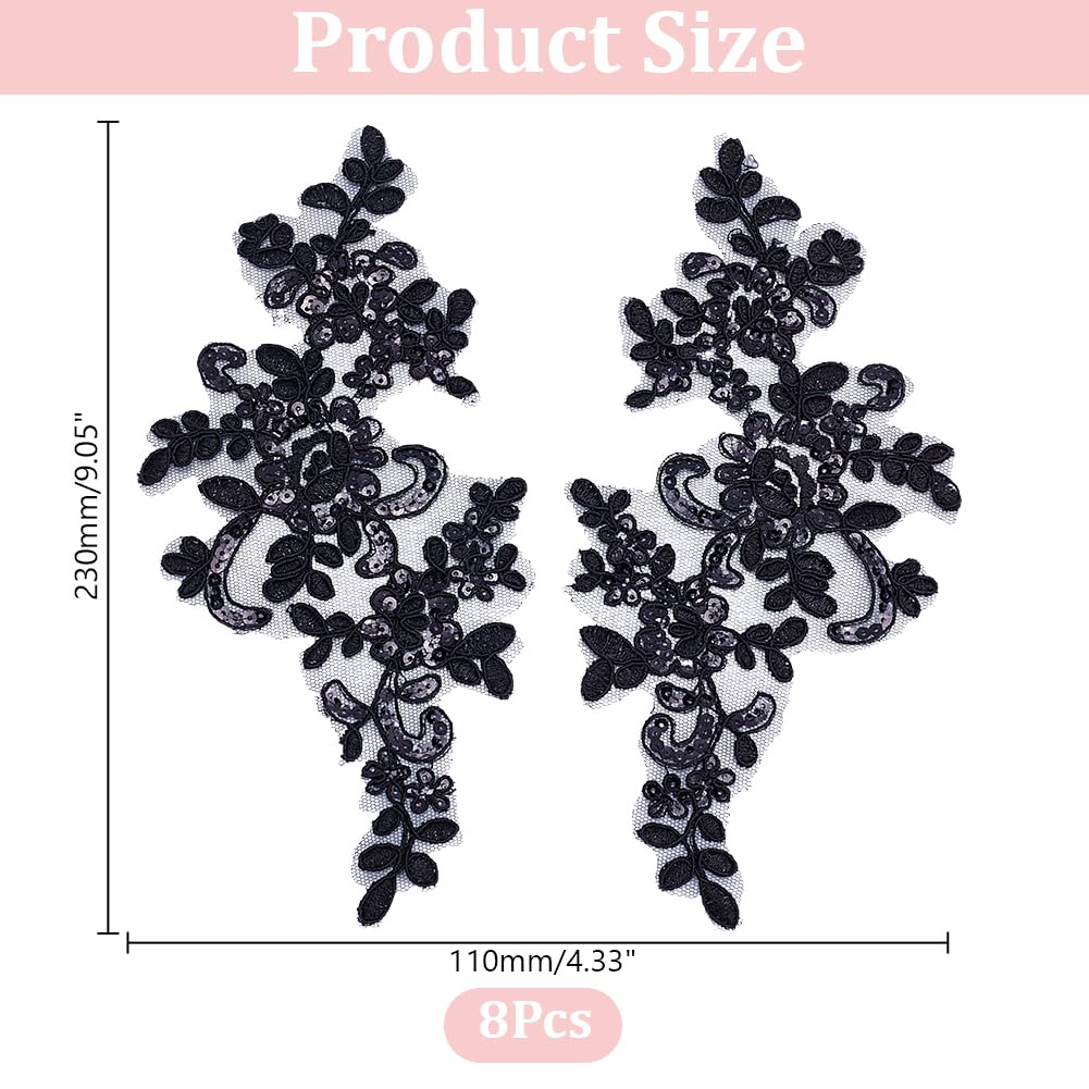 HOBBIESAY 8Pcs Flower Embroidery Sequin Lace Applique Black Polyester Floral Patch Sewing Craft Decoration Appliques Repair Patches for Wedding Dress Gown Bodice Costume Clothing Craft DIY - Image 2