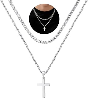 Yooblue Cross Necklace for Men & Teen Boys - Stainless Steel Gold Silver Black, Waterproof Tarnish-Free Layered Chain Necklace, Ideal Valentine's Gift