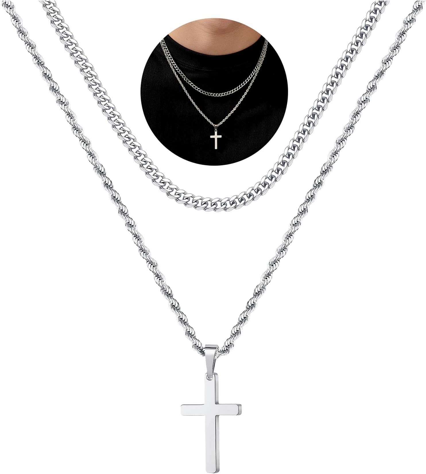 Yooblue Cross Necklace for Men, Gold Black Silver Mens Cross Necklaces Stainless Steel Cross Pendant Necklace Simple Jewelry Gifts Cross Chain Necklace for Men