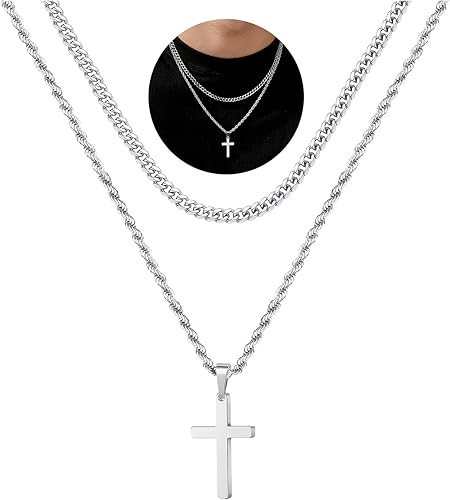 Yooblue Collar de cruz para hombre, collar de cruz de acero inoxidable con colgante de cruz de acero inoxidable, joyería simple, regalo de cadena de