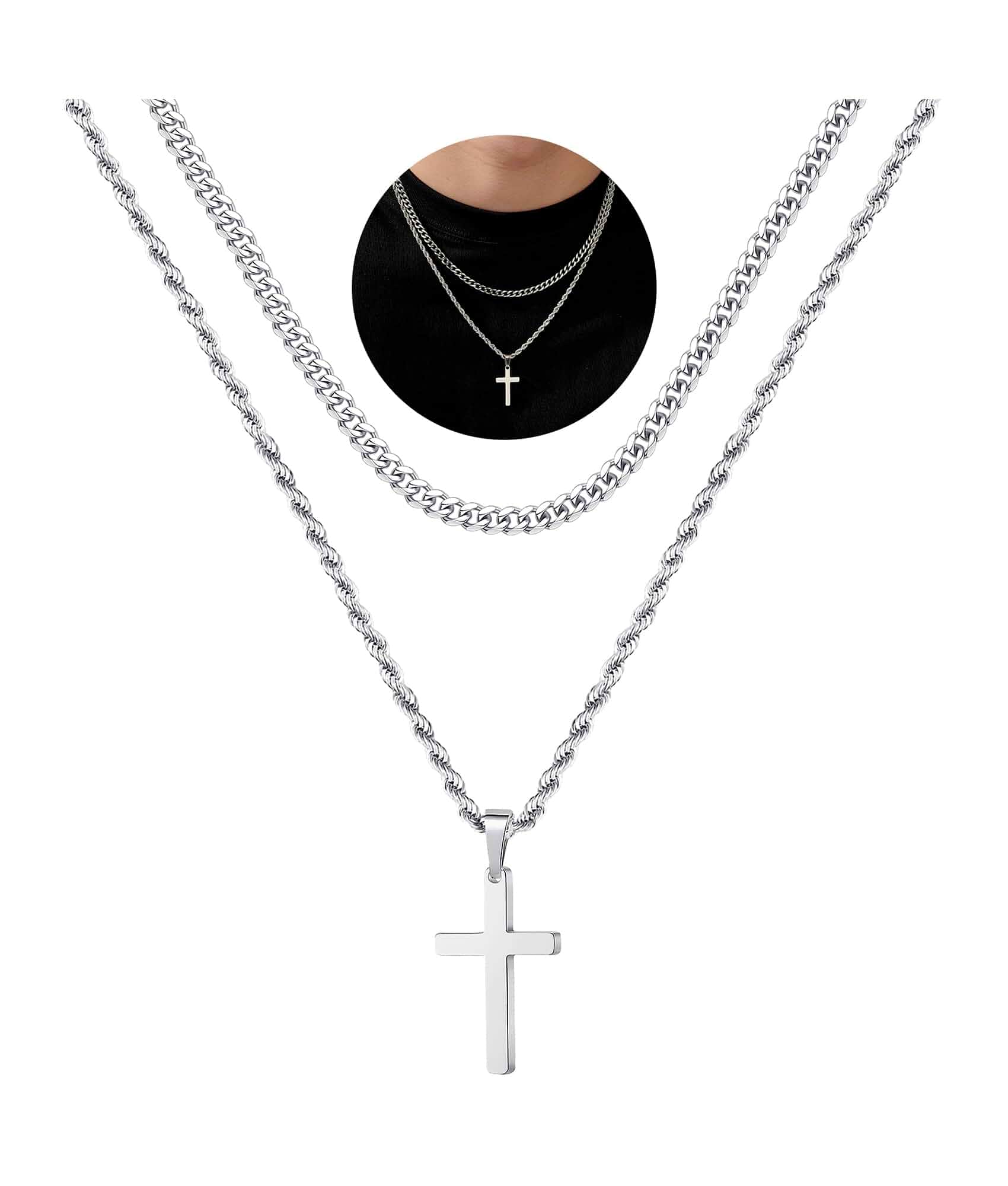 Cross Necklace for Men, Gold Black Silver Mens Cross Necklaces Stainless Steel Cross Pendant Necklace Simple Jewelry Gifts Cross Chain Necklaces for Men