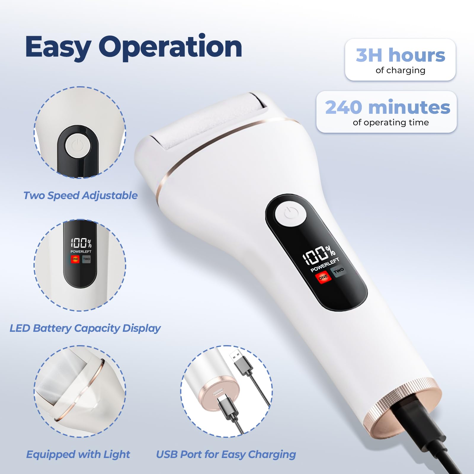 Lima Eléctrica para Pies Durezas, Pedicura Profesional IPX5 con 3 Rodillos, 2 Velocidades, Batería Litio 1200mAh y Kit 10 en 1, Blanco