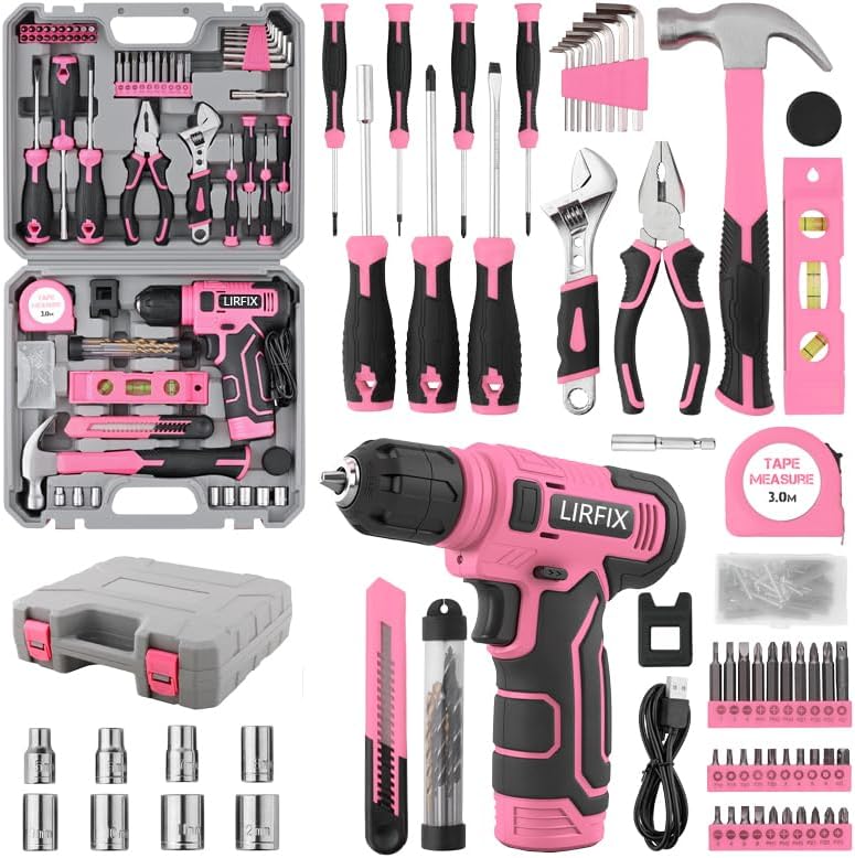 133-Piece Pink Electric & Manual Tool Set for lady - USB Rechargeable Handheld Screwdriver, Claw Hammer, Drill Bits, Essential Accessories, Portable Storage Case, Ideal Gift for Women