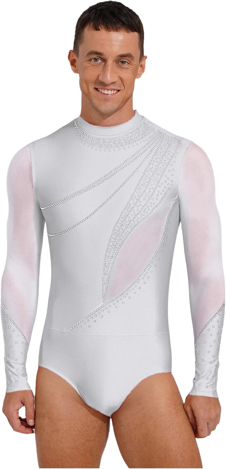 Linjinx Mens Gymnastics Latin Ballet Dance Leotard Figure Skating Costume Glittery Rhinestone Mesh Bodysuit Shirts