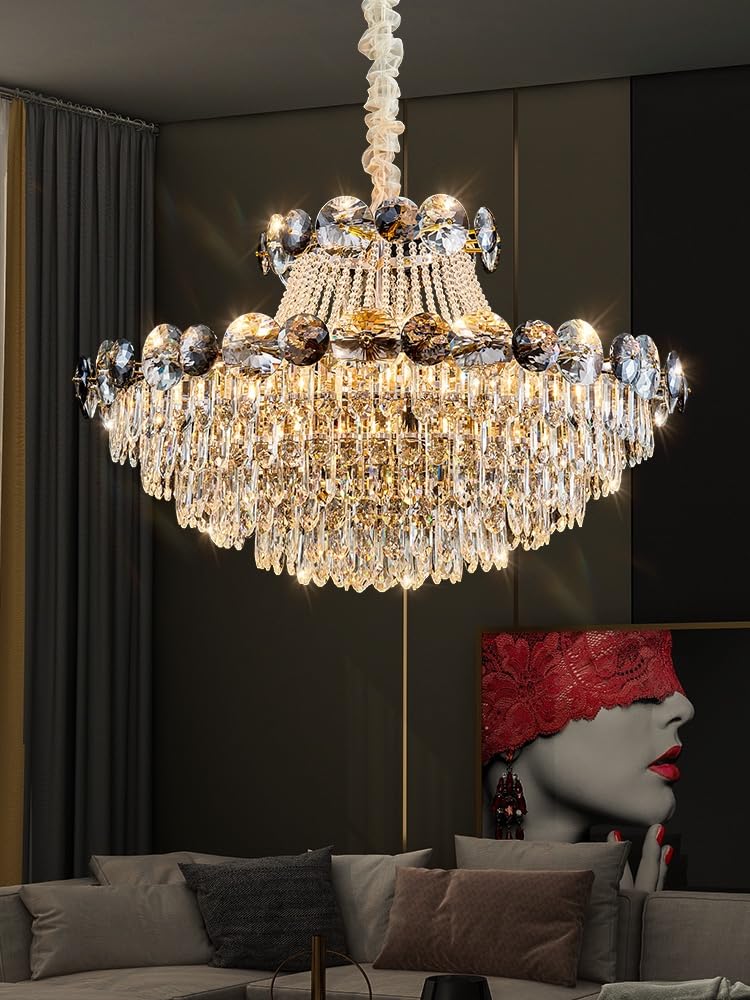 PCXEHUYP Modern Chandelier, Lustre Light Luxury Duplex Living Room Crystal Chandeliers for Staircase Villa Hotel Lobby Pendant Lights 2024 Lamps(60cm,3 Color)