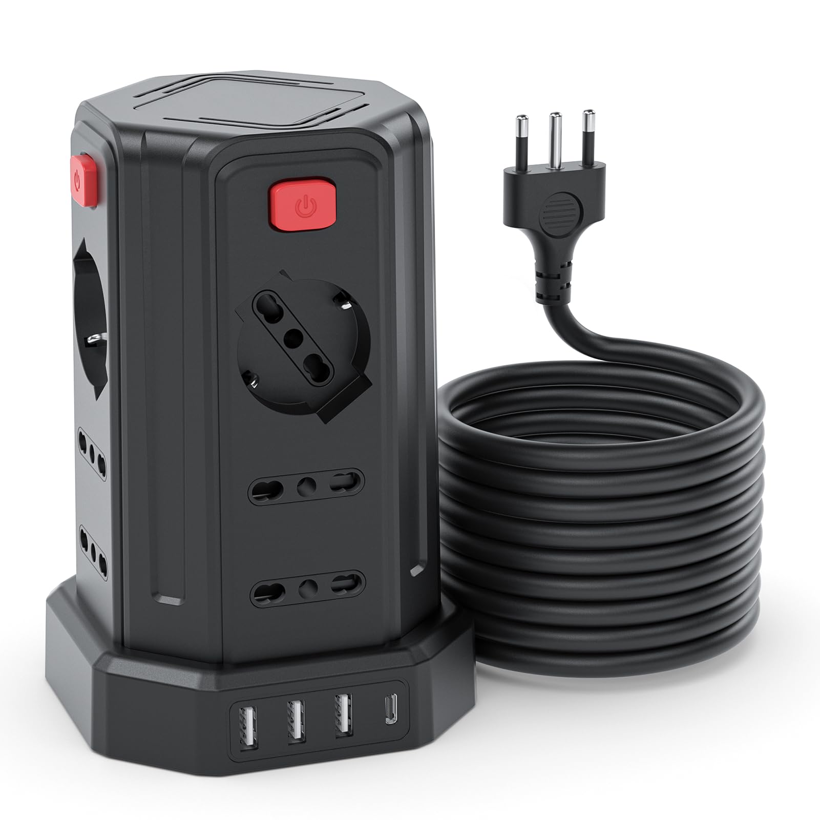 5 mètres multiprise électrique avec 12 prises universelles 10/16A ITA et Schuko et 3 USB A+1 USB C protection Surtension avec 4 interrupteurs indépendants, noir