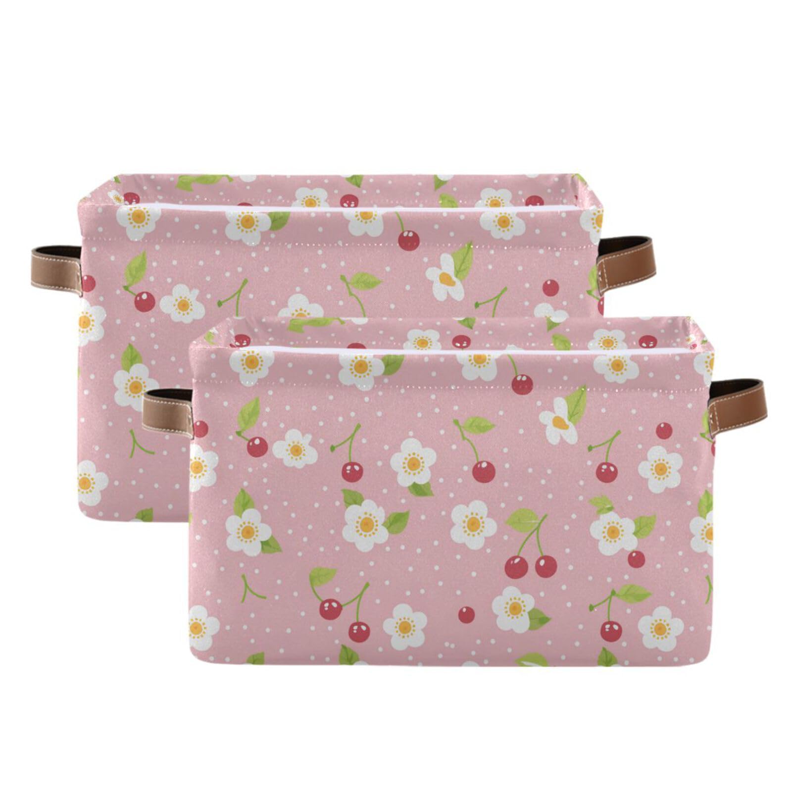 Wusikd Cute Cherry Storage Basket Set of 1 Large Fabric Flower Pink Storage Baskets Bins Box Cube with Handles Collapsible Closet Shelf Clothes Organizer Basket for Nursery Bedroom