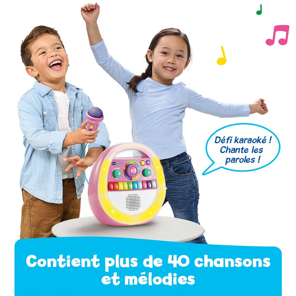 VTech Music'Kid Karaoké Rose Baladeur Musical Enfant Dès 2 Ans | Enceinte Bluetooth Lumineuse avec Micro Karaoké, Enregistreur Vocal, Comptines, Chansons Éducatives et Relaxantes en Français
