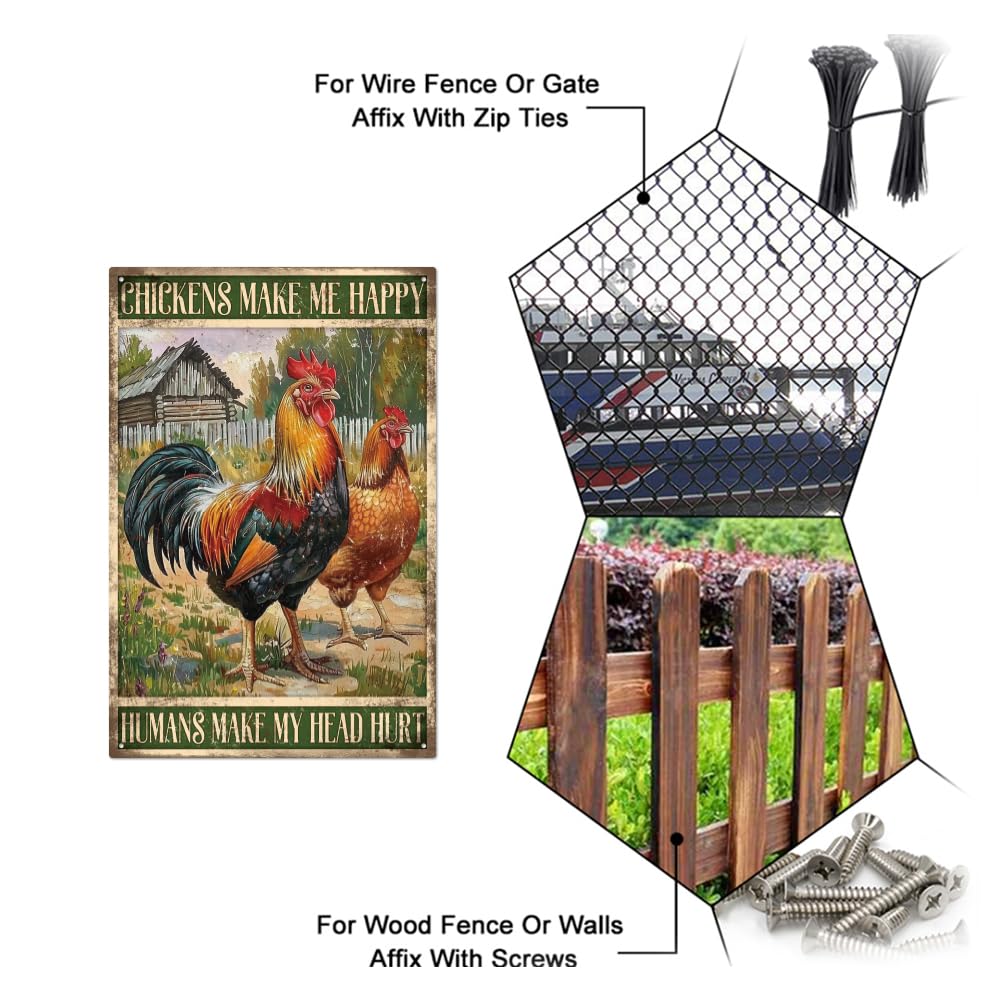 GLOBLELAND "Chickens Make Me Happy Humans Make My Head Hurt" Funny Chicken Metal Tin Sign 12x8in/30x20cm Rooster and Hen Art Plaque Poster Wall Decor for Outdoor Yard Garden Chicken Coop Shed - Image 4