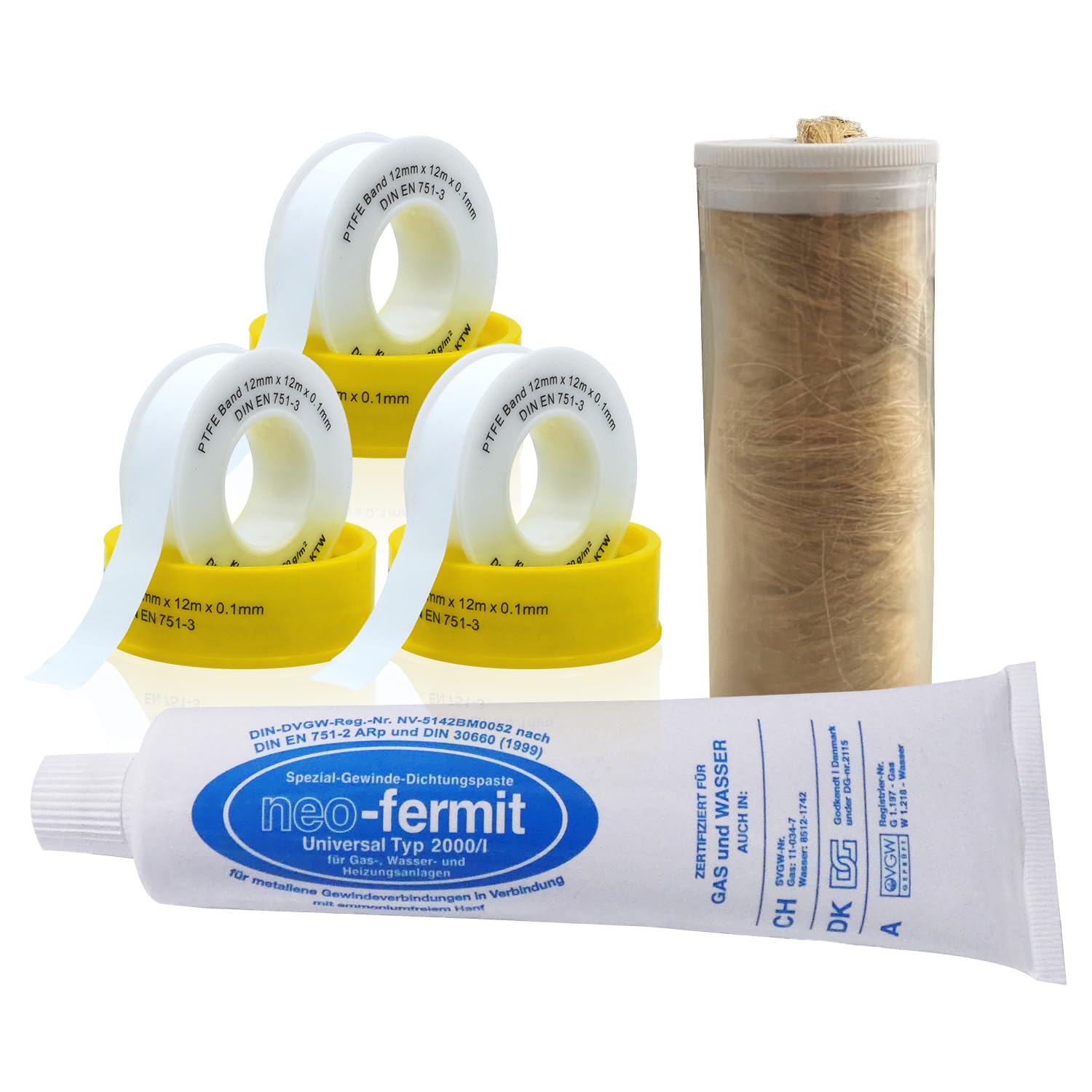 5 Piece Sanitary Seal Set, Professional Set, 1 Neo Fermit Sealing Paste, 1 40g Linen Dispenser, 3 PFTE Thread Sealing Tape. kör4u