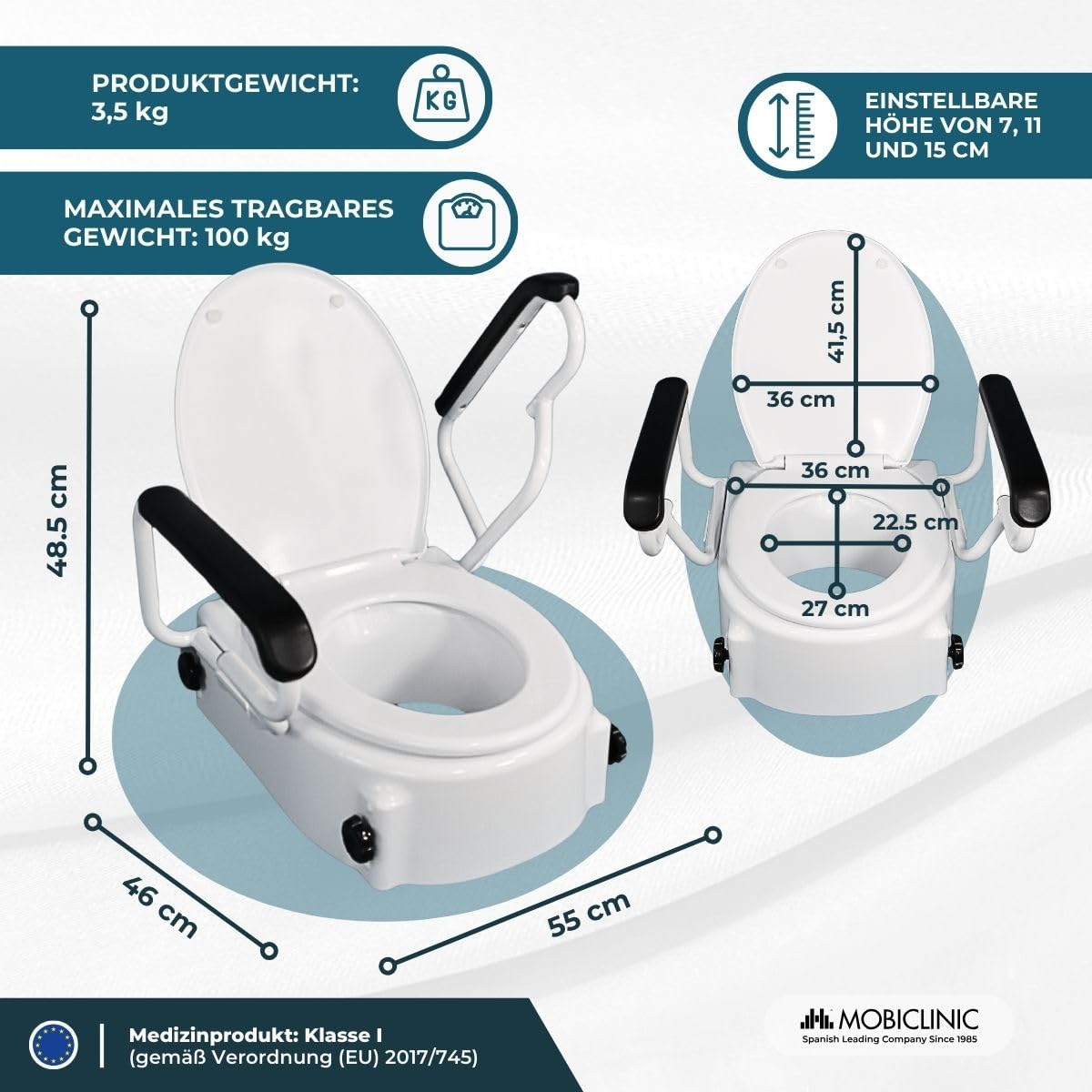 Mobiclinic®, Toilettensitzerhöhung mit Klappbaren Armlehnen, Tajo, 19 cm, mit Deckel, Höhenverstellbar (3 Stufen), Kippbar, Ideal für Senioren & Menschen mit Behinderung, Weiß