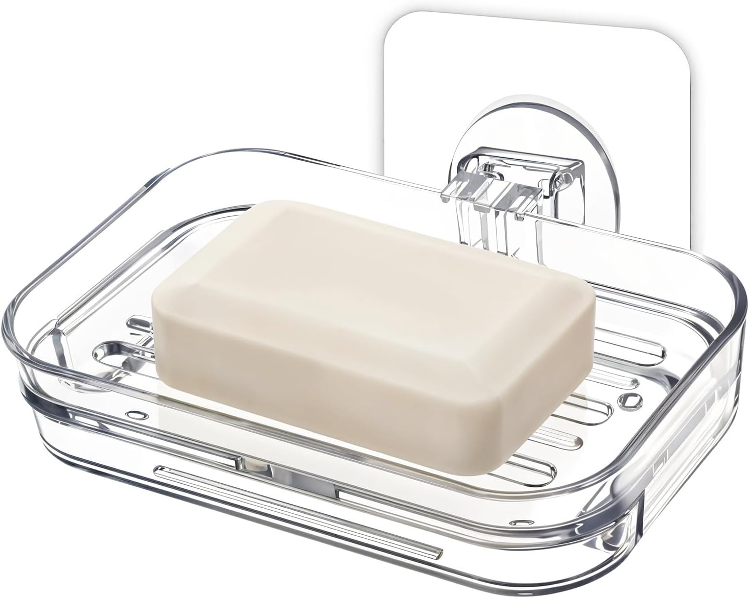 Clear Acrylic Soap Holder Self-Draining Bar Soap Dish Tray No Drilling Strong Adhesive Mount Hanging Soaps Rack Kitchen Sponge Saver for Bathroom Dormitory Sink Organizer
