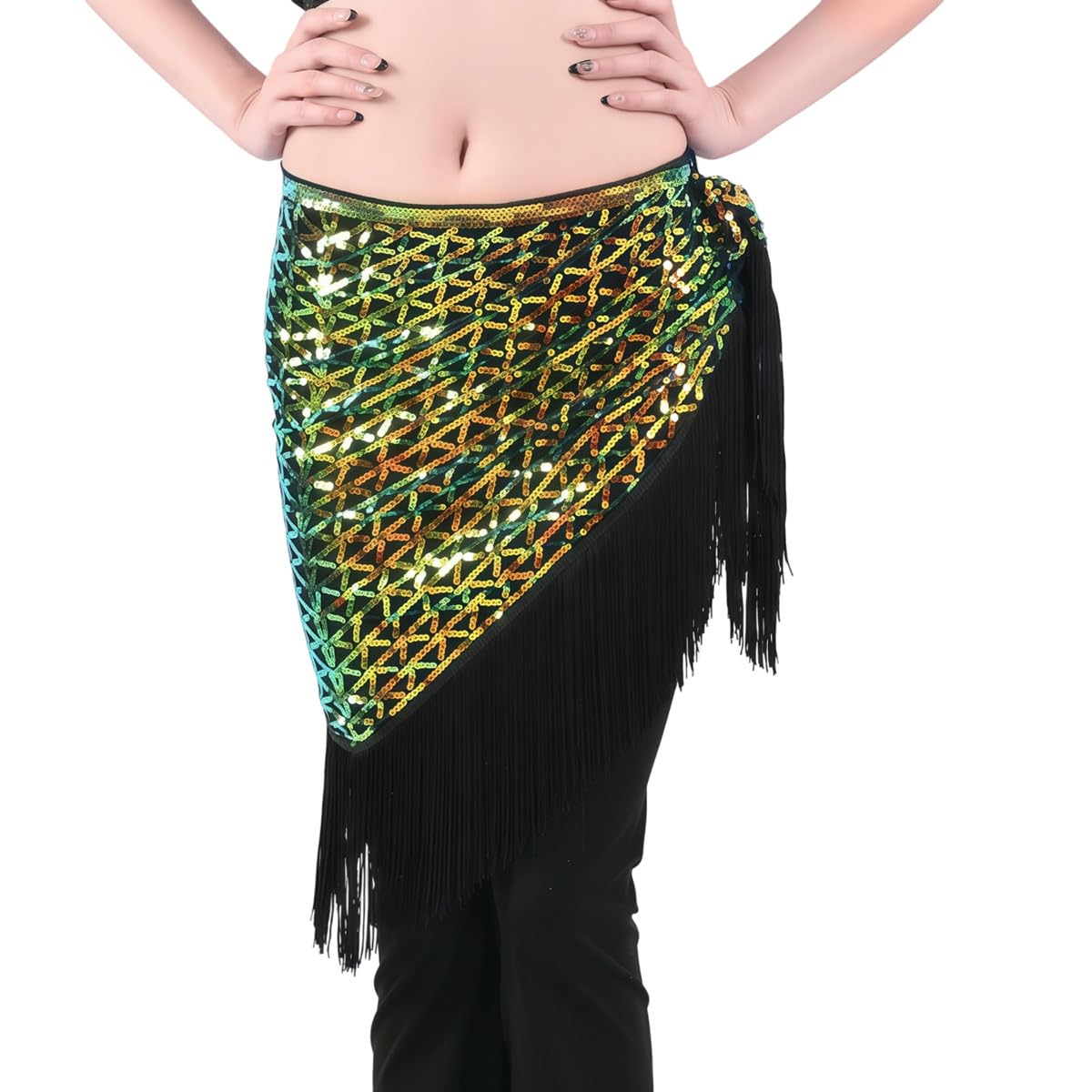 Hybursky Shiny Sequins Tassel Skirt Sparkly Belly Dance Hip Scarf Belly Dancing Skirt Wrap Hula Latin Dance Fringe Hip Belt for Women Girls Festival Performance Rave Party Dancewear (Colorful)