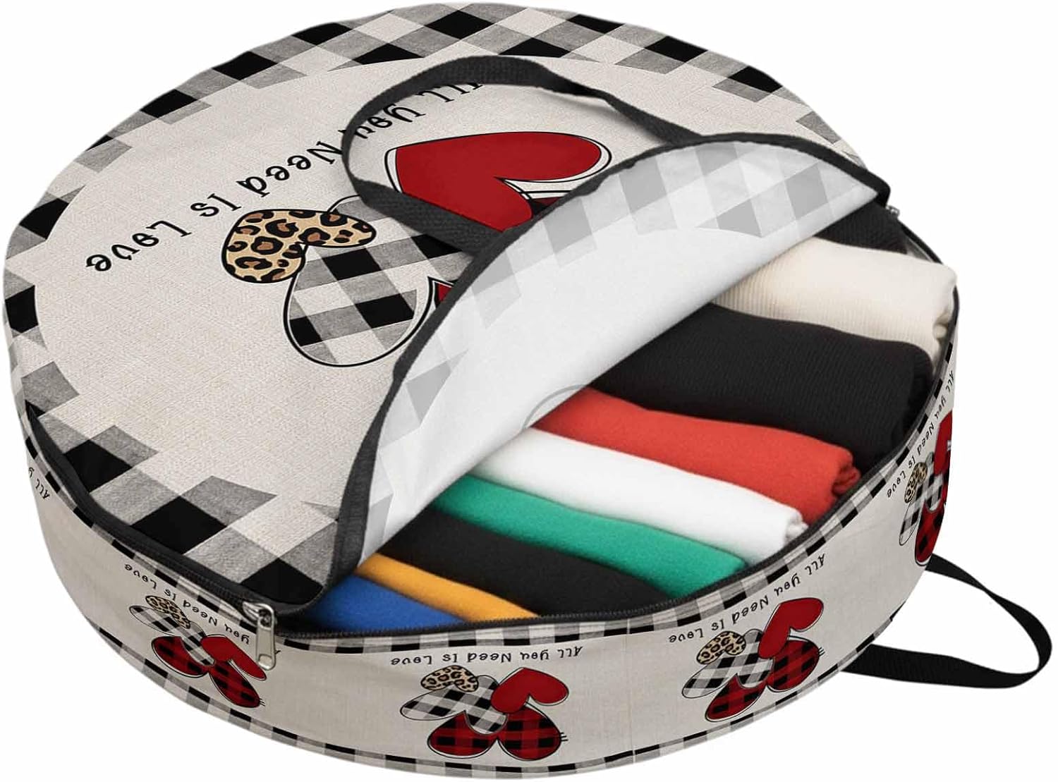 Valentine's Day Round Storage Bag 36 Inch, Love Heart Black Buffalo Plaid Clothes Storage Container with Handles Heavy Duty Organizer for Comforter, Bedding & Holiday Wreaths