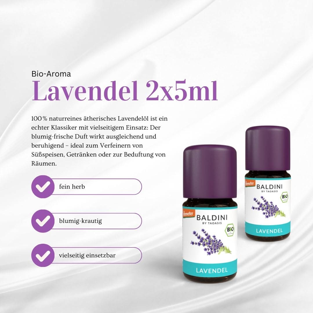 Baldini - Organiczny Olejek Lawendowy, 100% Naturalny Zapach z Francji, Ekologiczny Aromatyczny, 2 x 5 ml