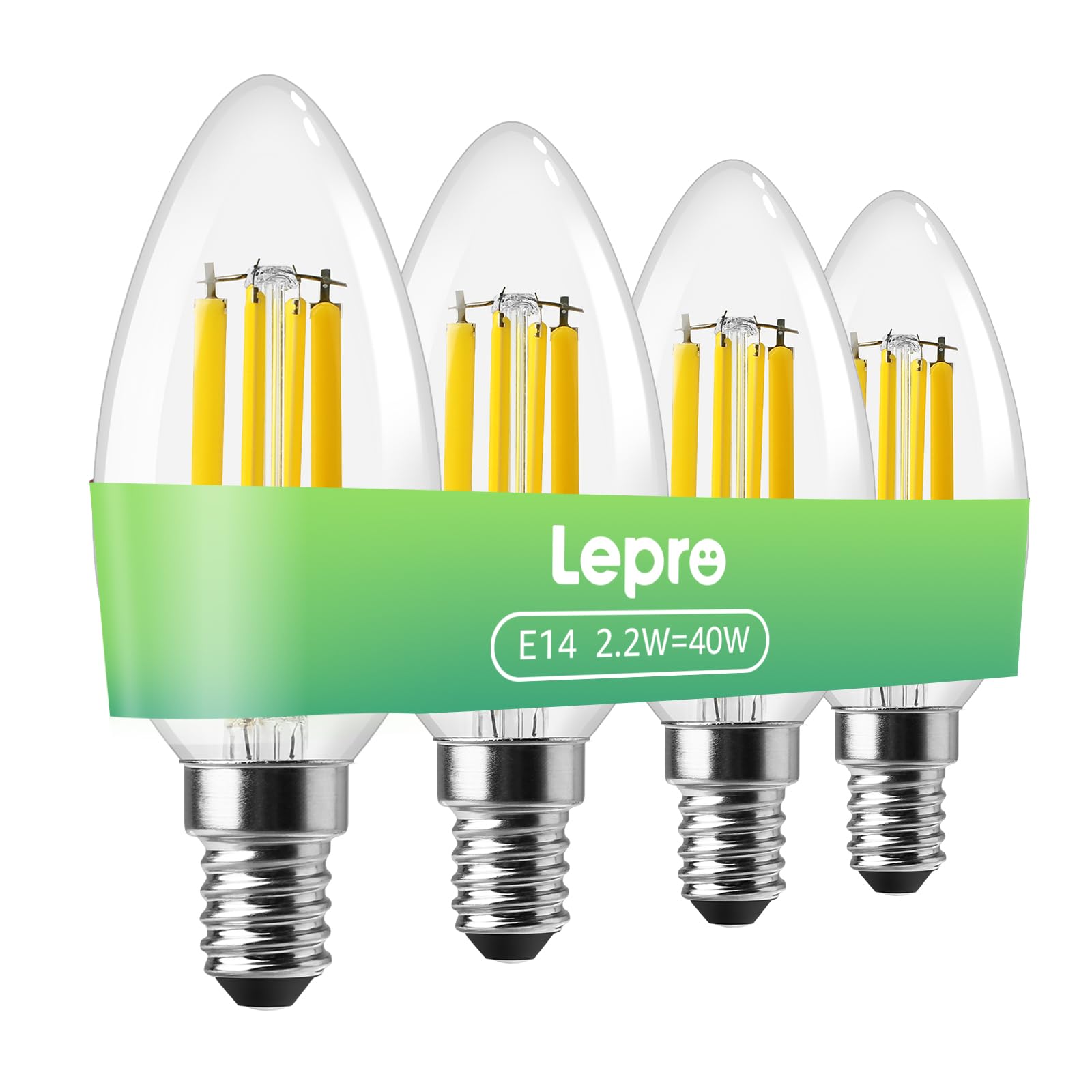 Lepro E14 Candle Bulb, A-Rated Ultra-efficient SES Bulb, 2.2W = 40W, 470lm, Warm White 2700K, 50000H Lifespan, Small Edison Screw, Clear Filament, Non-dimmable, Pack of 4