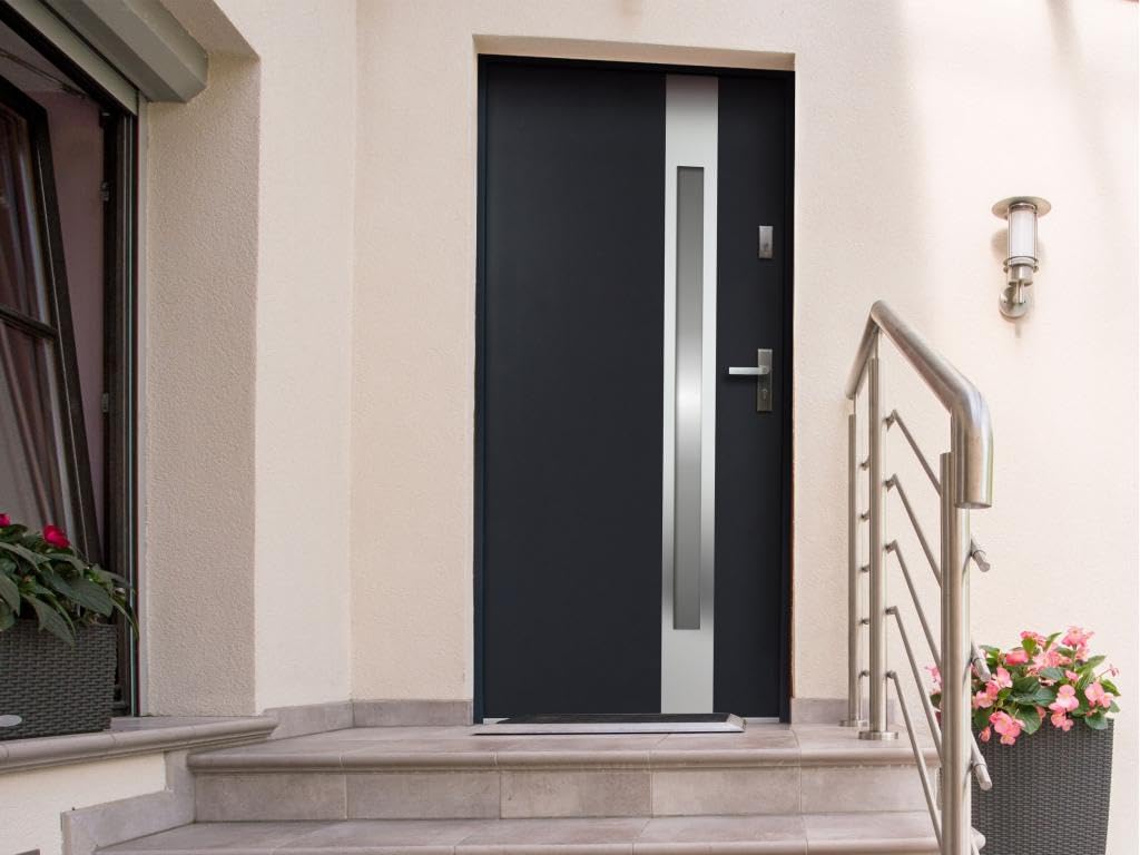 Vente-unique-Puerta de entrada de acero acristalada con inox Alt. 207 x Ancho 100 cm antracita - se abre hacia la izquierda BRAGA