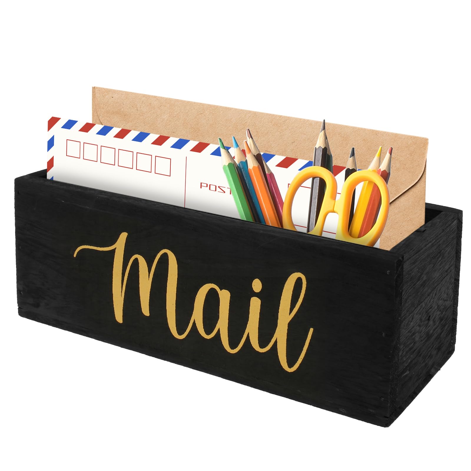 Mail Organizer Solid Tung Wood Letter Holder with 2 Slots Decorative Mail Letter Rack for Countertop Multifunctional Postcard Storage Organiser for Home Office Entryway Living Room (Black Gold)