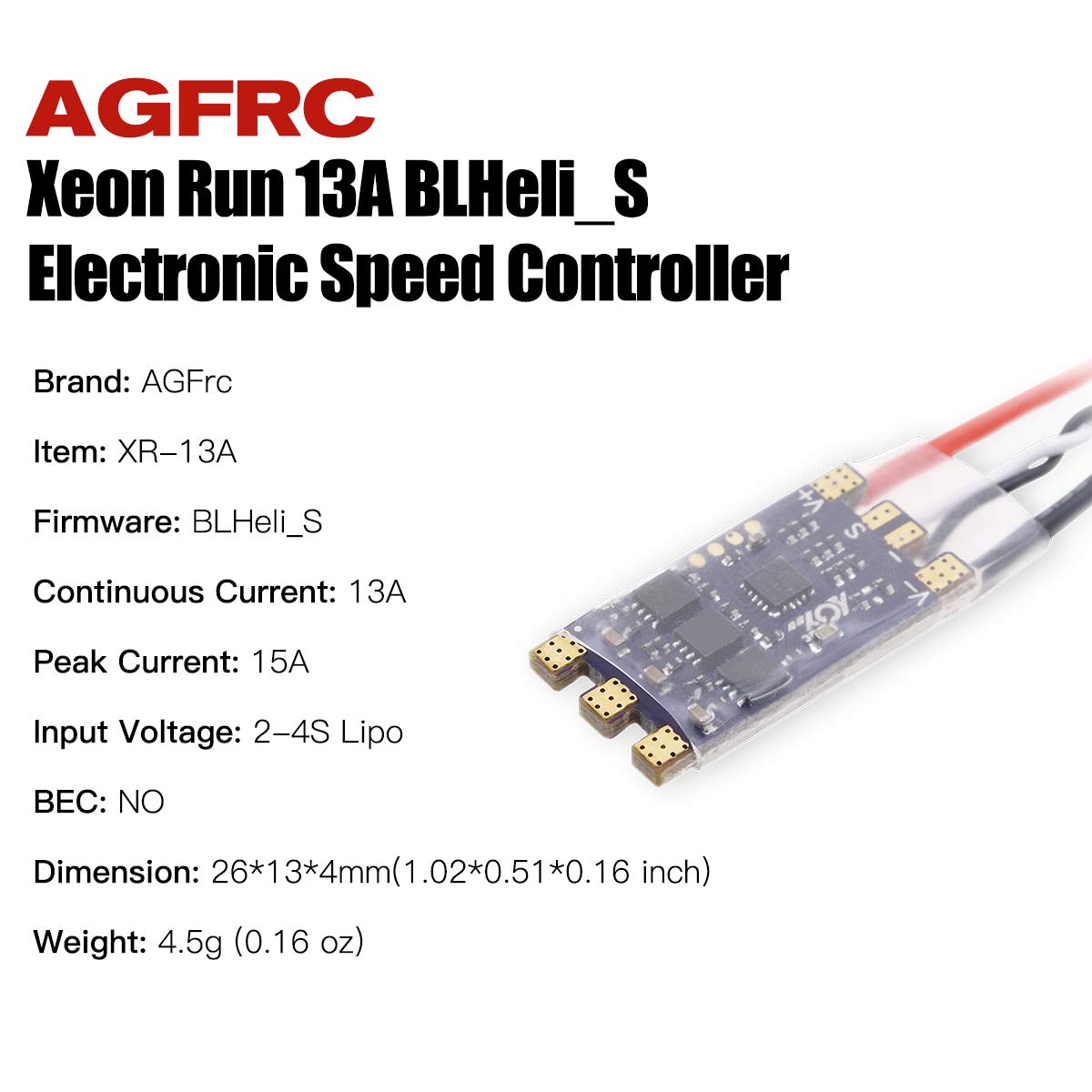 AGFRC 13A ESC Brushless DSHOT600 BLHeli_S 2-4S Lipos Electronic Speed Controller for FPV QAV Drone Multirotor Quadcopter (XR-13A)