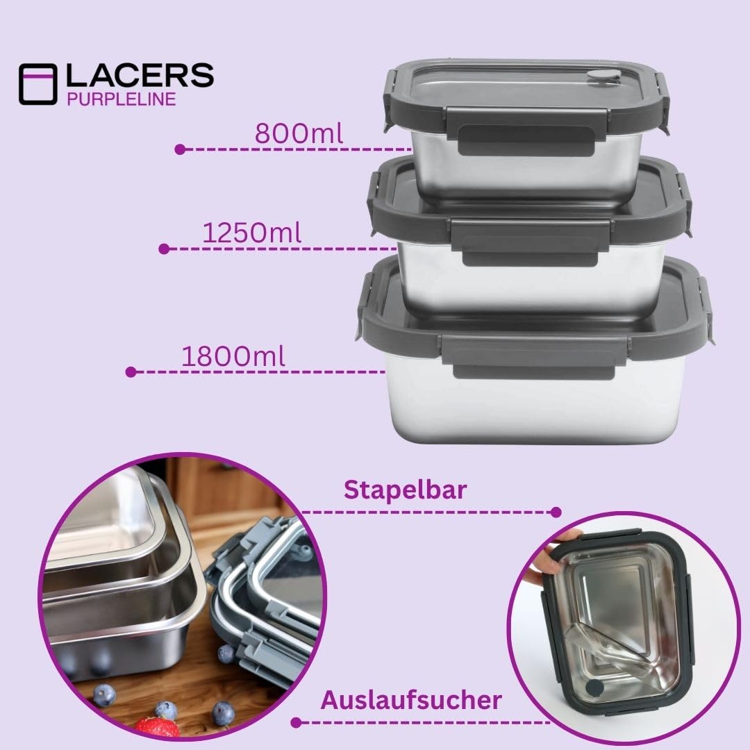 Lacers Purpleline 6-teiliges Edelstahl Vorratsdosen-Set mit Glasdeckeln (800ml/1250ml/1800ml) – auslaufsichere Meal Prep Boxen, BPA-frei, mikrowellengeeignet, ofenfest, spülmaschinengeeignet