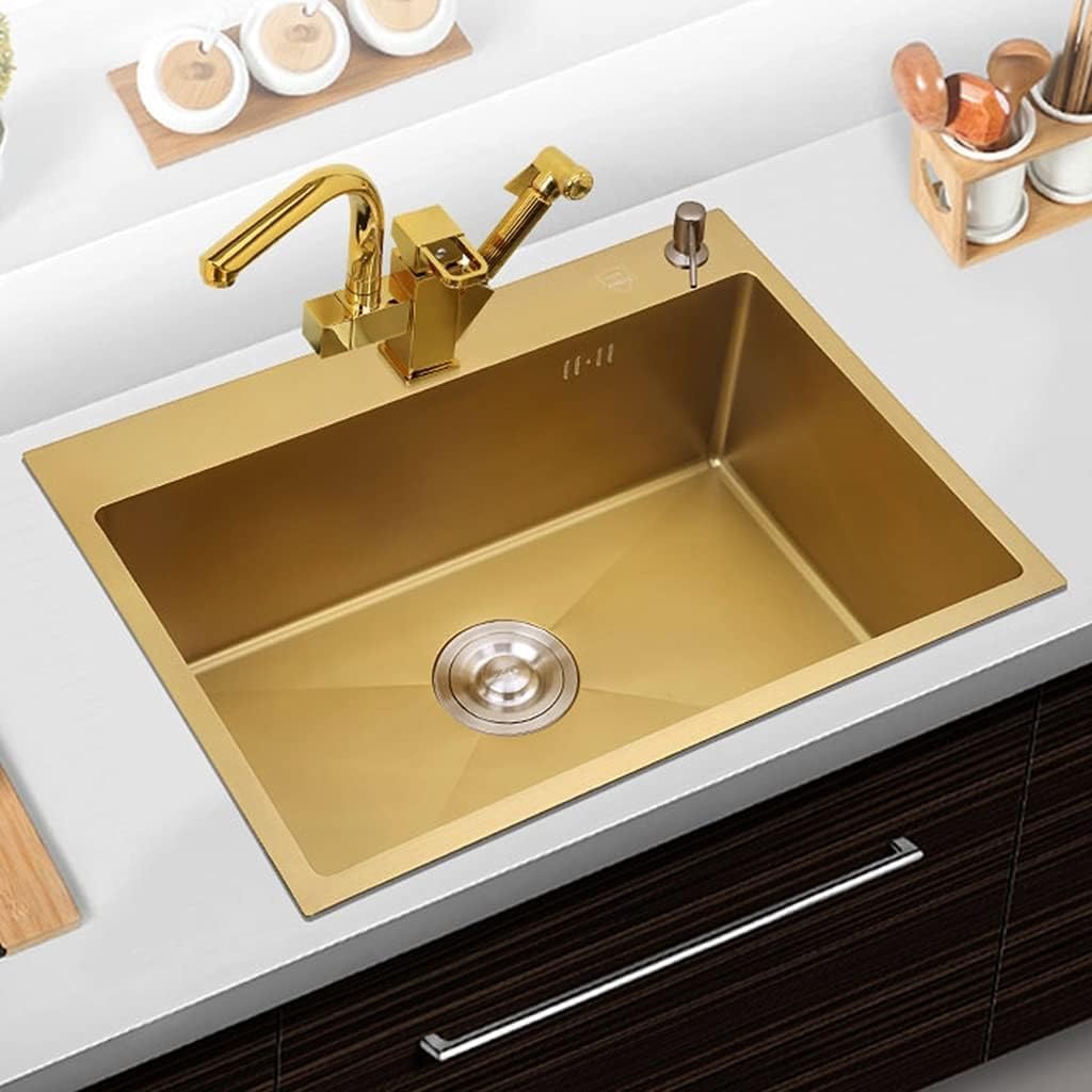 Stainless Steel Single Bowl Bar Prep Sink with Drain - Modern 304 Kitchen Sink for Home & Commercial Use(45x40x21cm) (Gold 53x43x21cm)