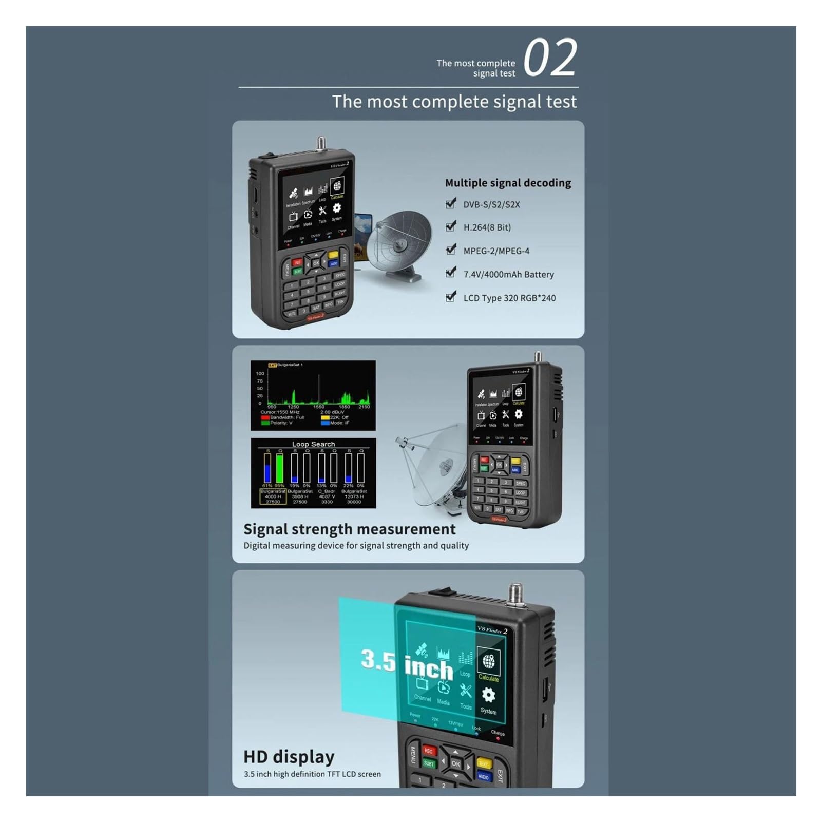 Medidor de Campo TDT, Buscador de satélite 950‑2150, pantalla de 3,5 pulgadas, medidor de satélite digital, receptor de señal DVB S2X S2 S, CC 5 V, 9 V, 12 V