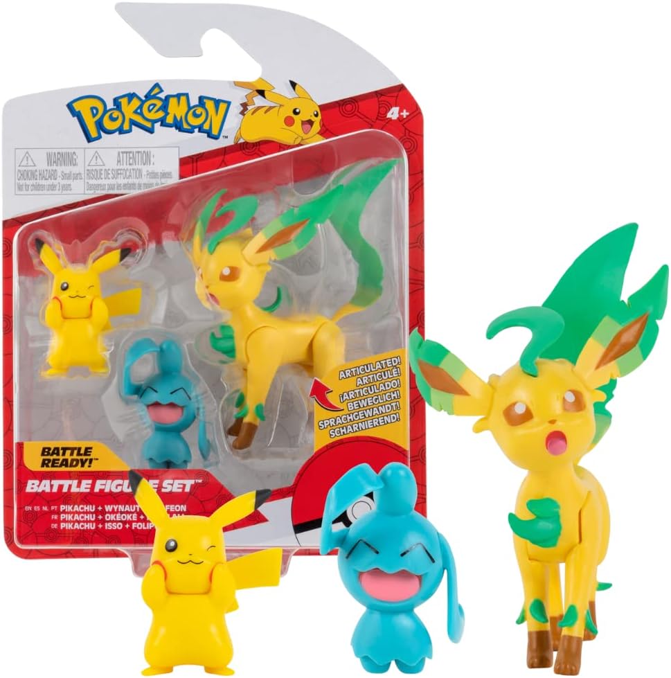Pokemon PKW0178 3 Pack-Features 2 Pikachu, Wynaut & 3-Inch Leafeon Battle Figures-Authentic Details, Multi