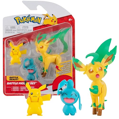 Pokemon PKW0178 3 Pack-Features 2 Pikachu, Wynaut & 3-Inch Leafeon Battle Figures-Authentic Details, Multi - 3PK: Pikachu#8, Wynaut, Leafeon