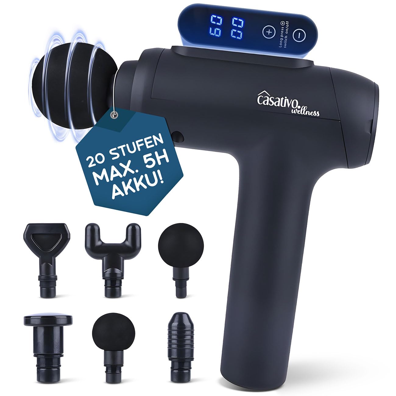 Professionelle Massagepistole, Massage Gun, 6 Köpfe, 20 Intensitätsstufen, Muskel Massagegerät, Akkubetrieb Massagegerät für Oberschenkel, Bauch, Schulter, Nacken und Rücken