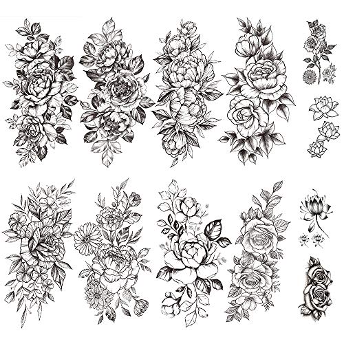 Yesallwas 12 hojas de tatuaje de flores negras, calcomanías temporales de transferencia de agua con diseños de rosas de peonía, arte corporal sexy para niñas (A)