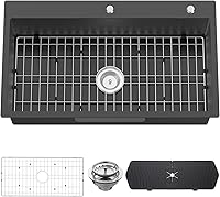 Koardink 33x19 Black Stainless Steel Drop-In Kitchen Sink - Single Bowl Topmount with SS Grid, Silicone Mat & Drain Strainer