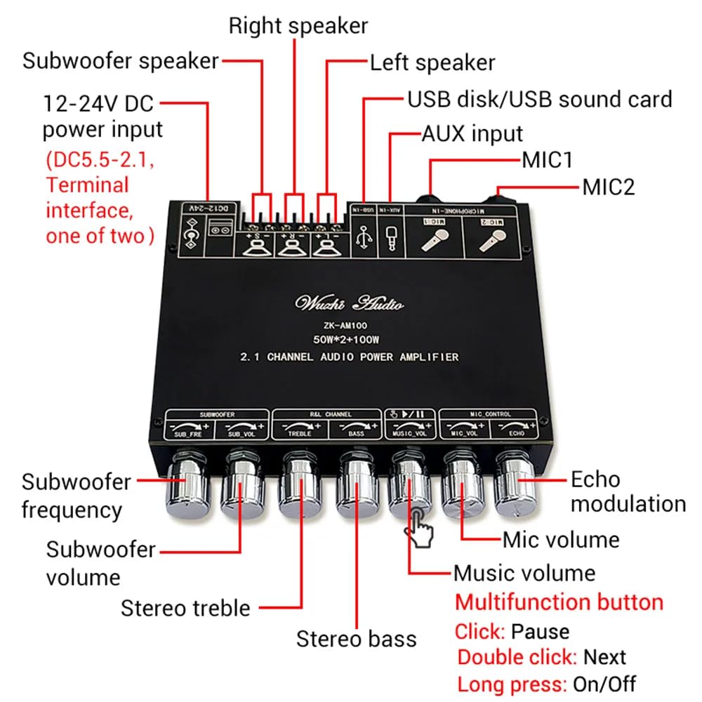 DollaTek Carte d'amplificateur Bluetooth 2.1 canaux 50+50+100 W Amplificateur de Classe D avec Module d'entrée Microphone adapté au système KTV DIY AM100